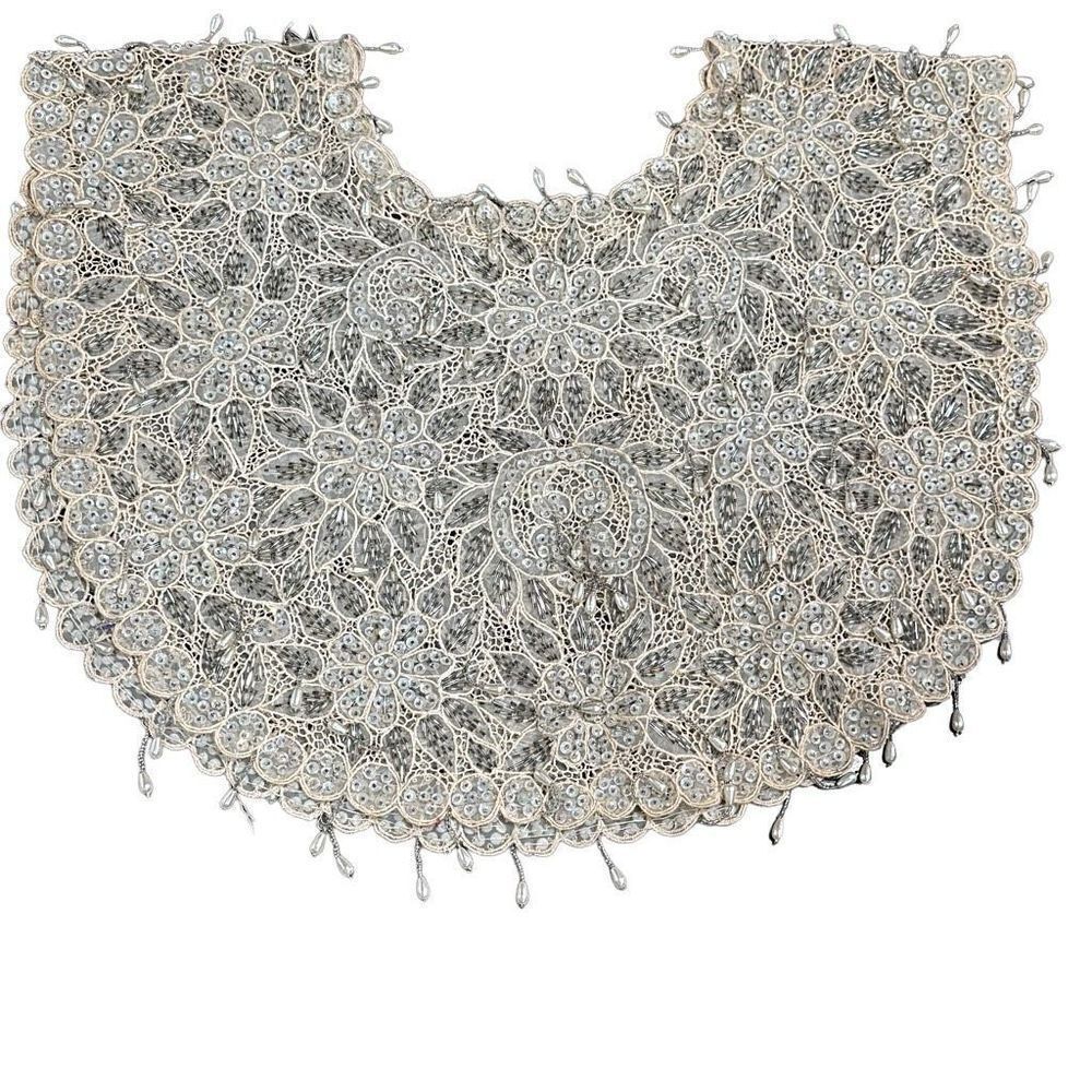 ANTIQUE VICTORIAN HANDMADE Lace Bertha Collar Faux Pearls Aurora Borealis AB Seq